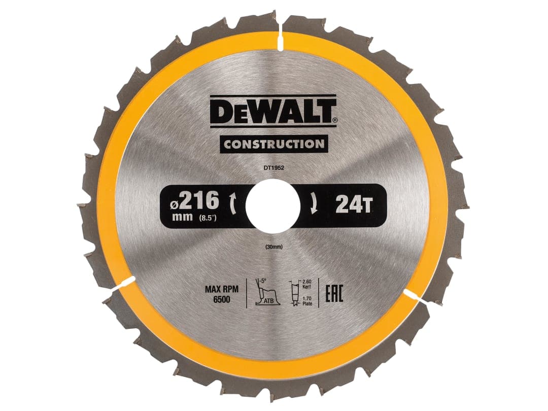 DEWALT Power Tools Stationary Construction Circular Saw Blade 216 x 30mm x 24T ATB/Neg DT1952-QZ
