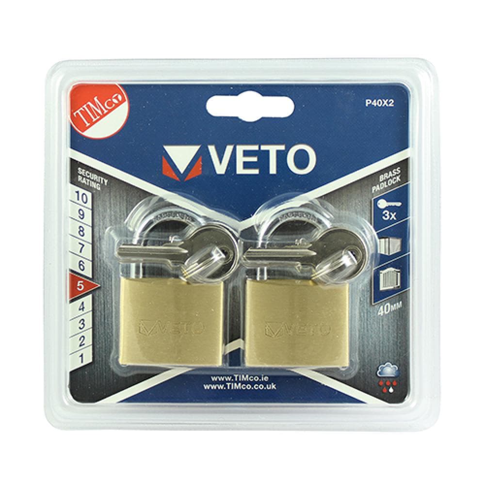 Timco P40X2 Brass Padlock 40Mm Blister Pack 2