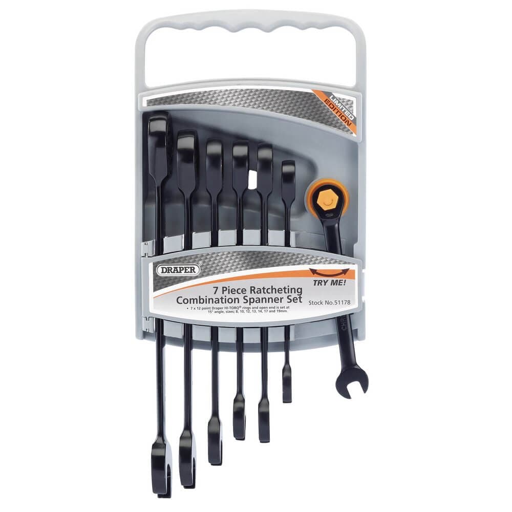 Draper 51178 Hi-Torq® Metric Ratcheting Combination Spanner Set Black (7 Piece) per set 7