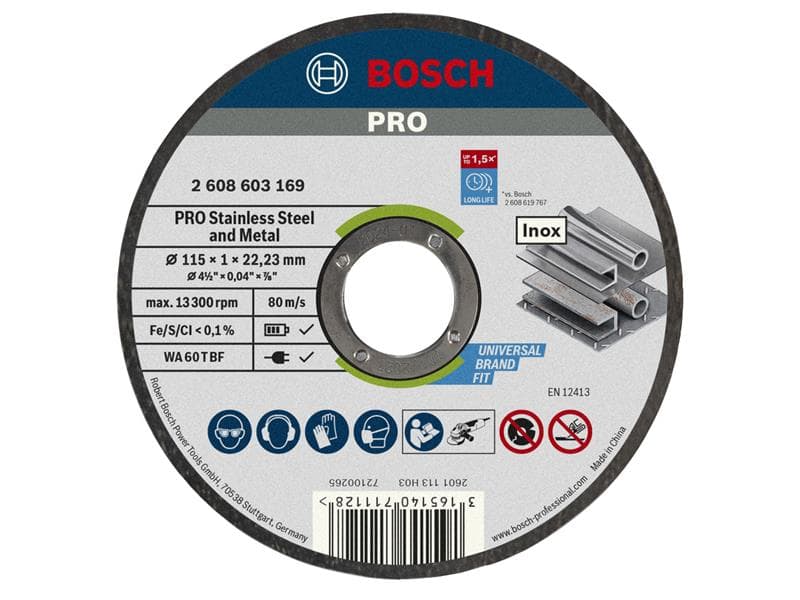 Bosch Powertool Accessories 2608603169 Pro Stainless Steel And Metal Bonded Cutting Disc 115 X 1.0 X 22.23Mm
