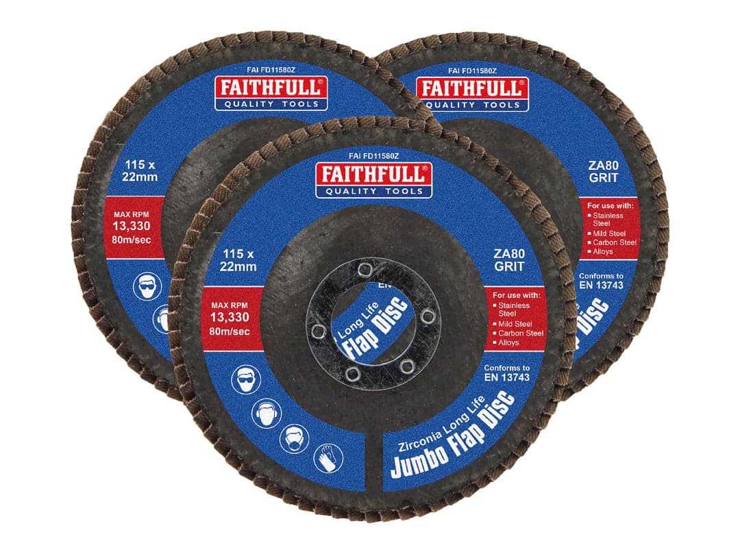 Faithfull Zirconia Abrasive Jumbo Flap Disc 115 x 22mm 80 Grit (3 Pack) FAIFD11580Z3