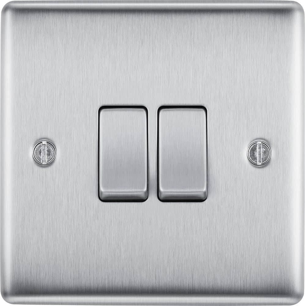 Double Light Switch - 2 Gang 2 Way - Brushed Steel