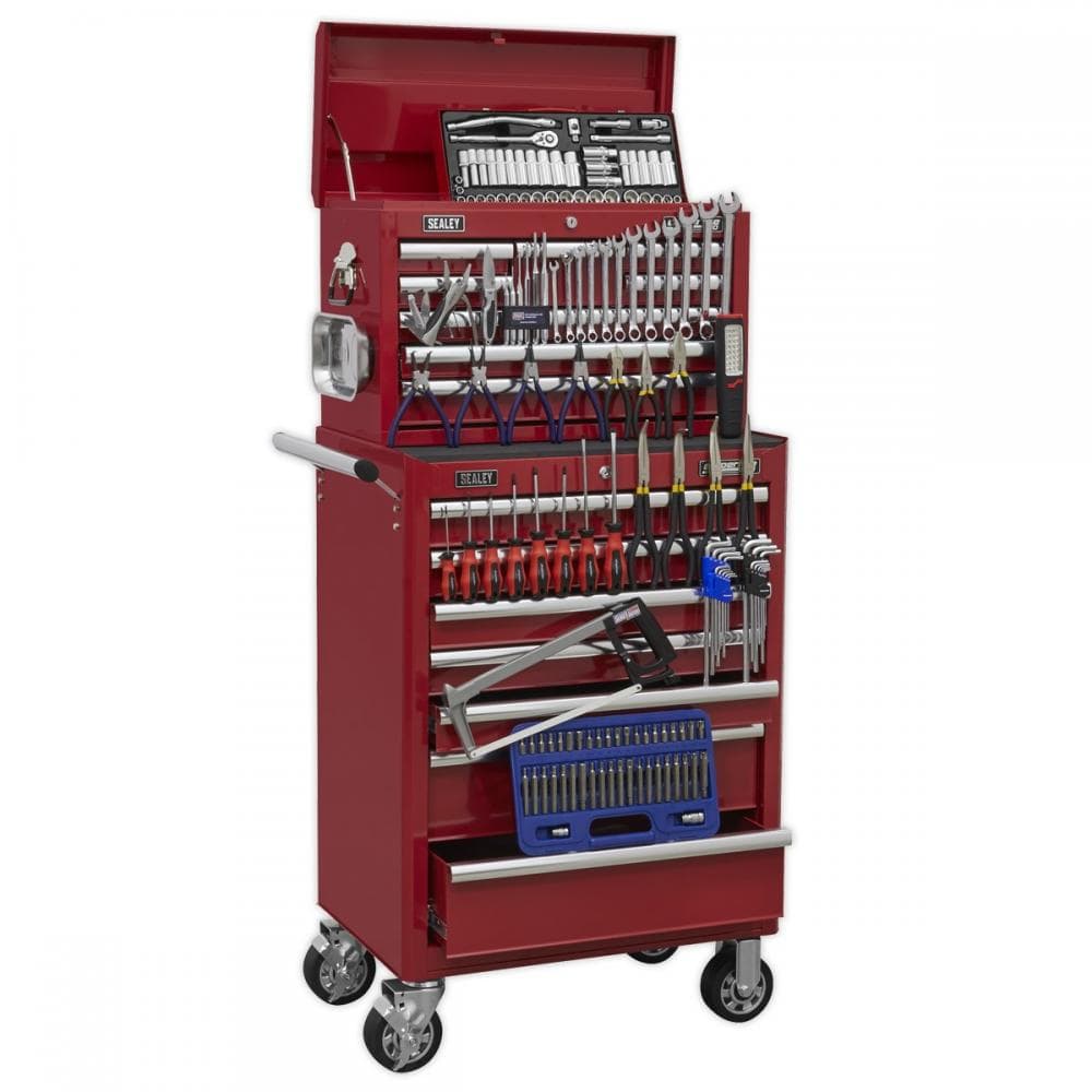 Sealey APCOMBOBBTK57 Topchest & Rollcab Combination 15 Drawer With Ball-Bearing Slides - Red & 148Pc Tool Kit