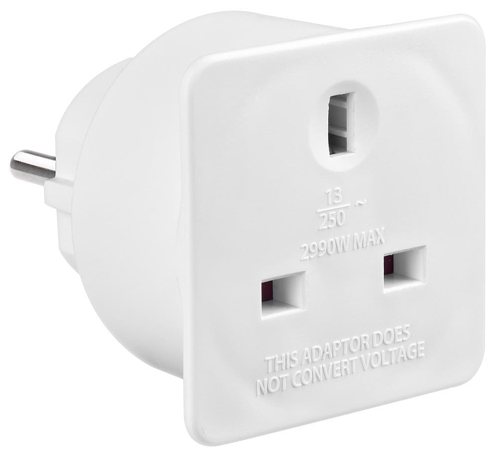 UK to Europe Travel Adaptor - 13A - IP20 - 2 Pack - White