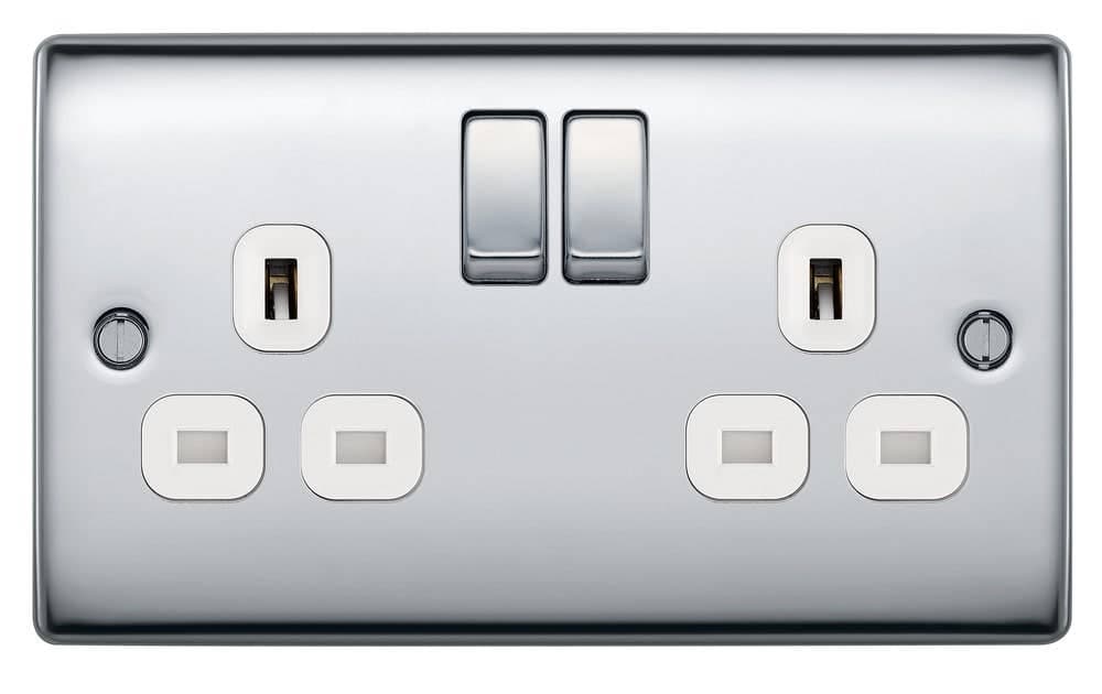 Switched Double Plug Socket - Polished Chrome