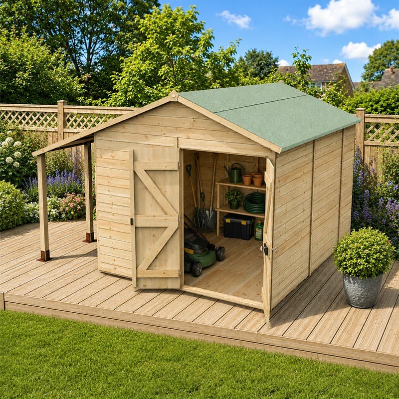 10' x 8' Forest Timberdale 25yr Guarantee Tongue & Groove Pressure Treated Windowless Double Door Apex Shed with Logstore (3.56m x 3.05m)