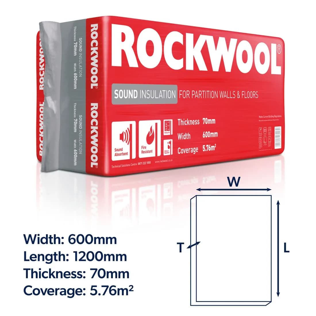 Rockwool Sound Insulation Slab 1200 X 600 X 70Mm Pk8 5.76M2