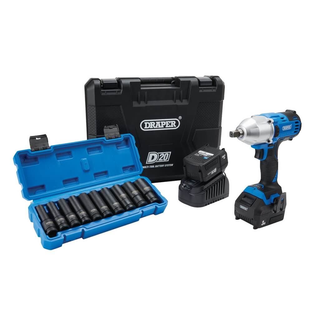 04791 D20 20V Brushless Mid-Torque Impact Wrench Kit 1/2in Sq. Dr. & Metric Deep Impact Socket Set (10 Piece)