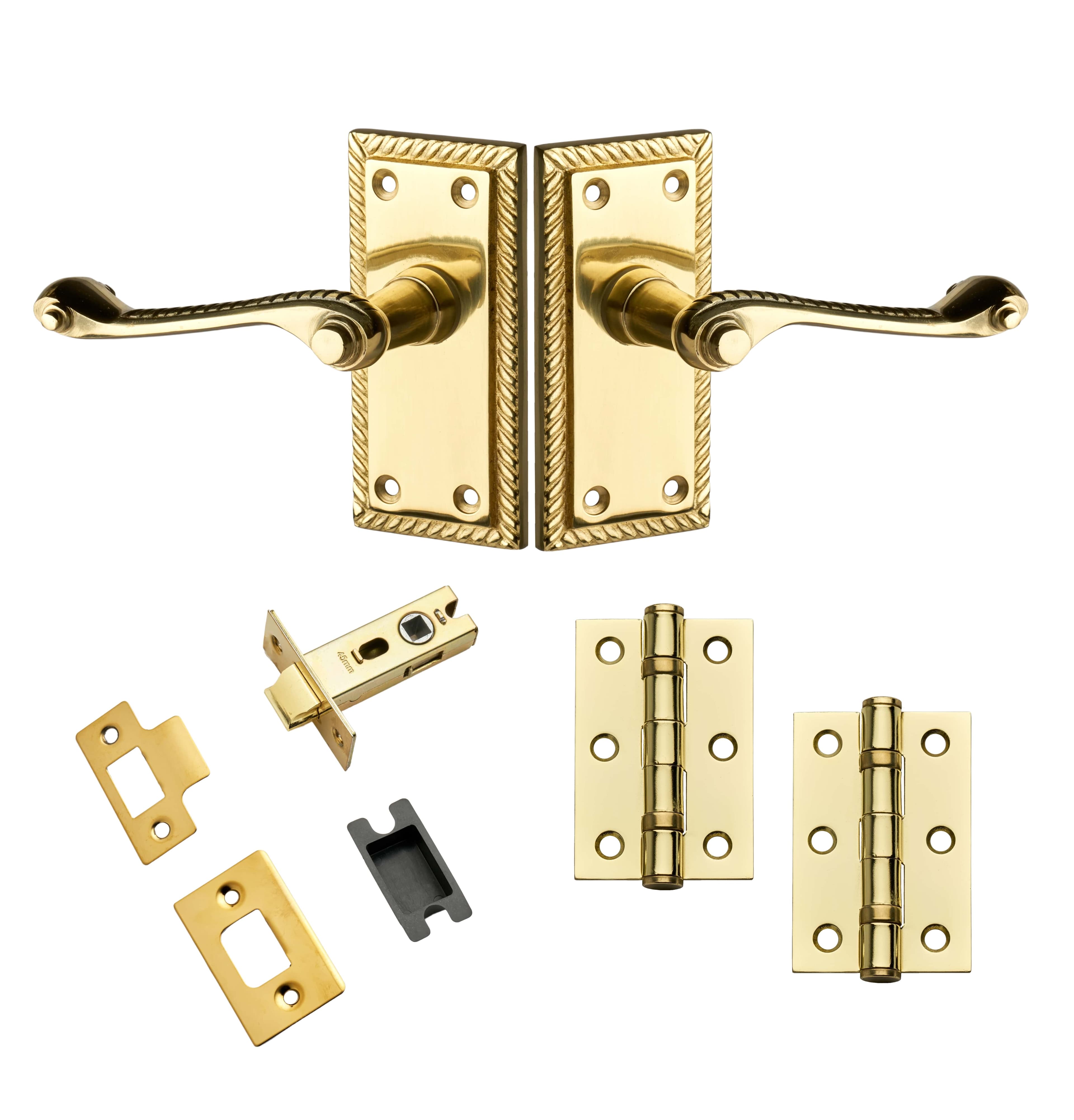 Georgian Scroll Lever Door Handle on Short Backplate - Solid Brass - Polished Finish - Complete Door Pack - Designer Levers