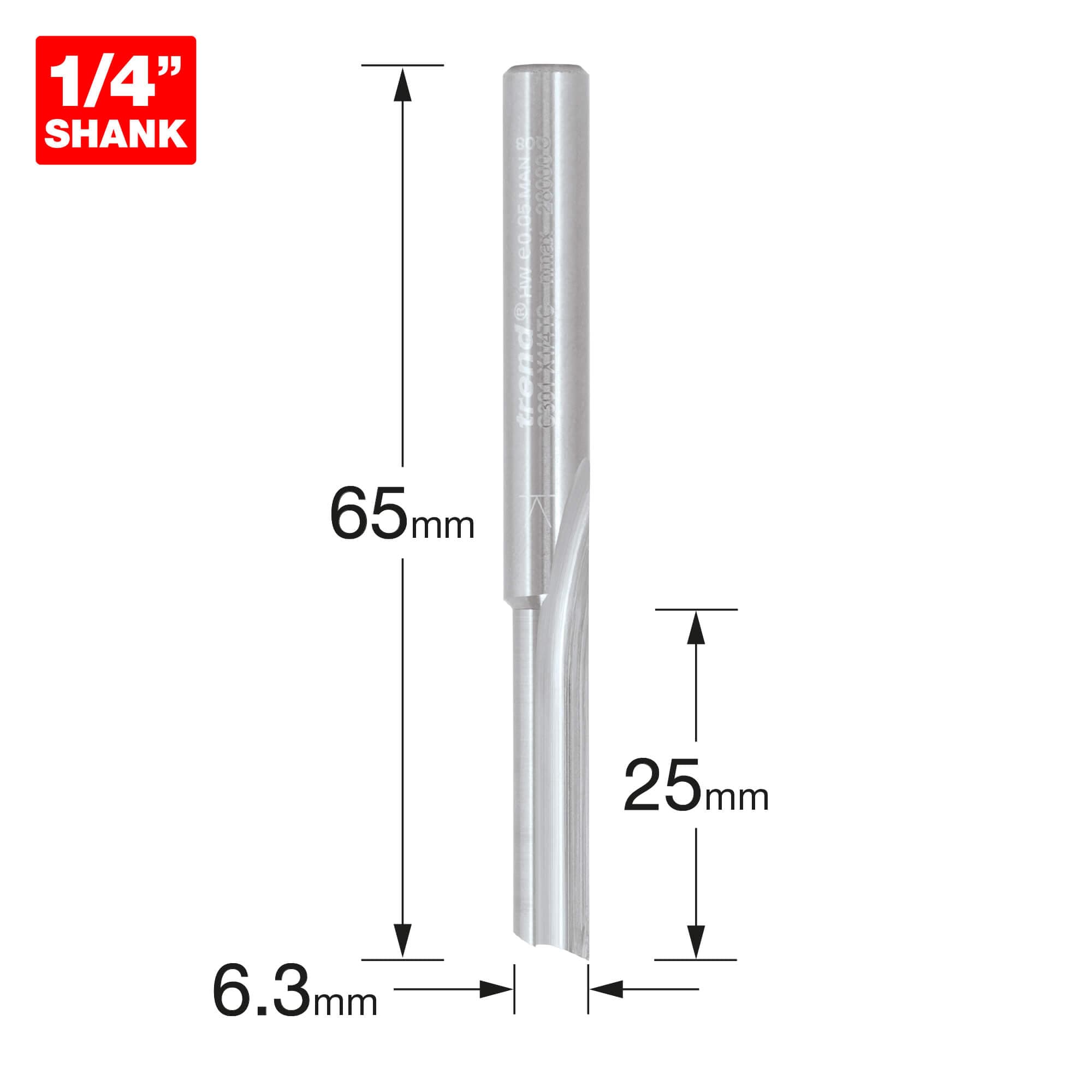 Trend Craftpro 1/4 Single Flute Abs/Pvc 6.3Mm Dia X 25Mm Cut Depth Pk 1 C301X1/4TC