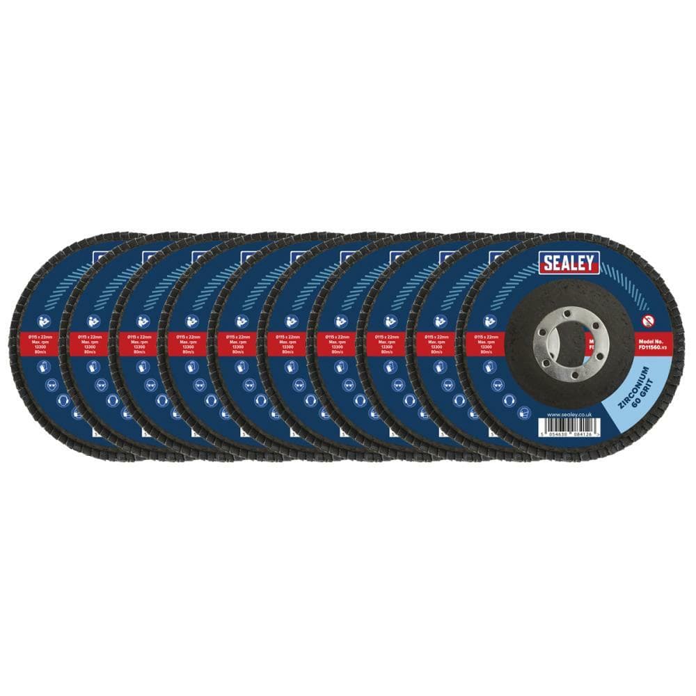 Sealey FD1156010 60Grit Flap Discs Zirconium Ø115Mm Ø22Mm Bore - Pack Of 10