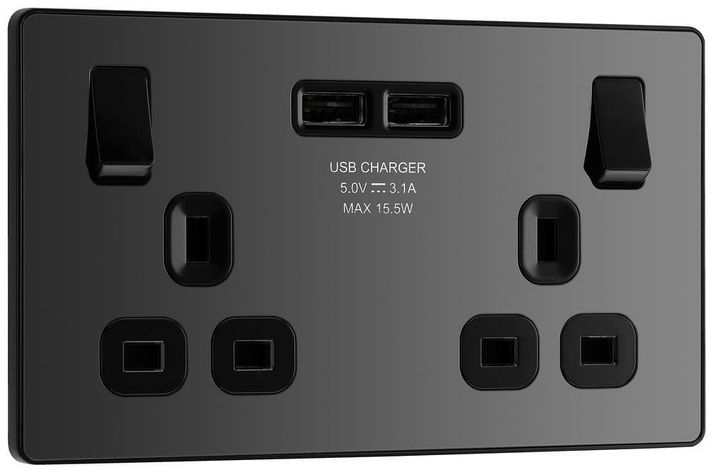 Double Switched Socket with 2 x USB A (3.1A) - 13A - Black Chrome