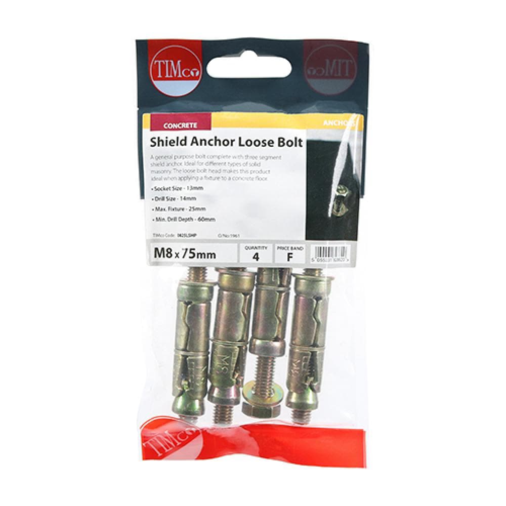 Timco 0825LSHP Shield Anchor Loose Bolts - Yellow M8:25L (M8 X 75) TIMpac 4