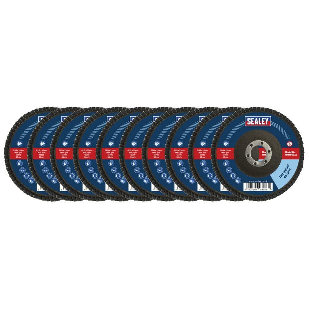 Sealey FD115MIX Assorted Grit Flap Discs Zirconium Ø115Mm Ø22Mm Bore - Pack Of 10
