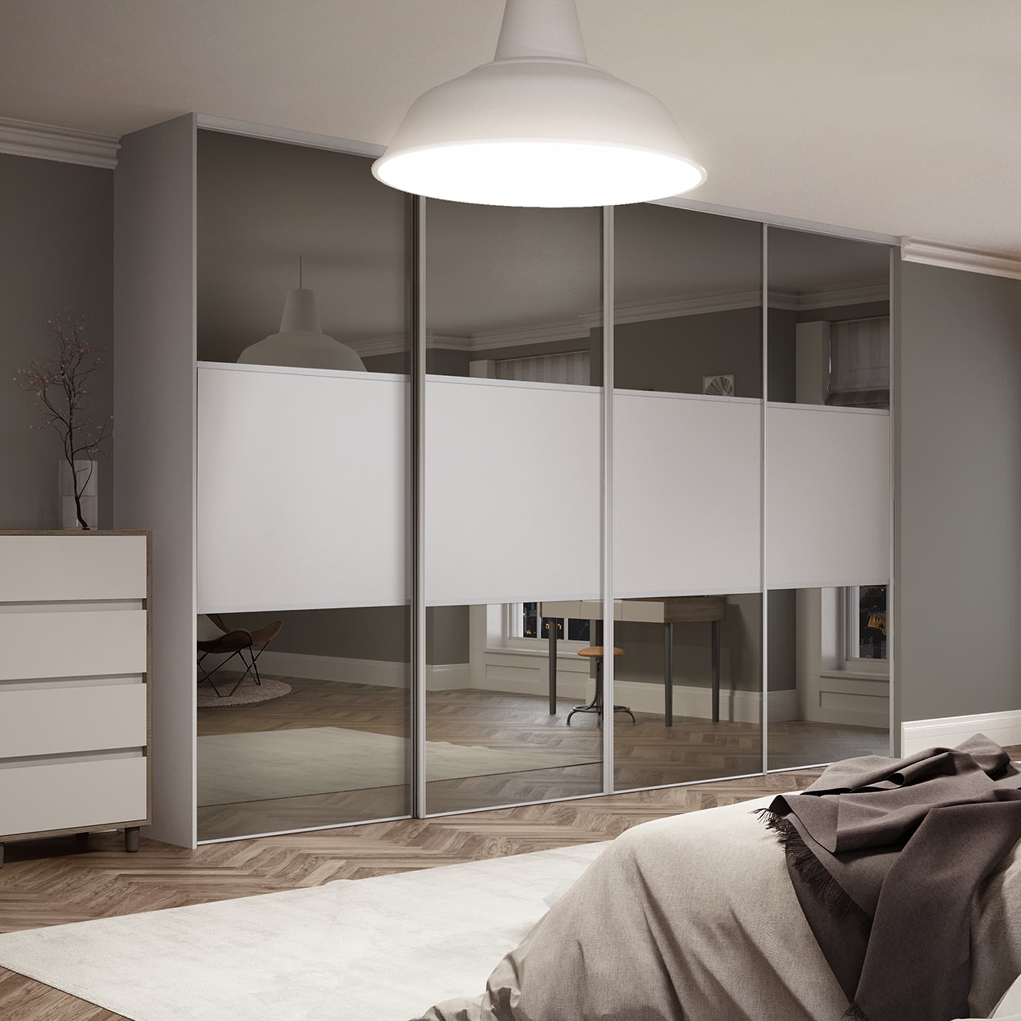 Spacepro Light Grey MFC and Glass Classic Frame Mirror Panel Sliding Doors, Size: 2370x2260mm