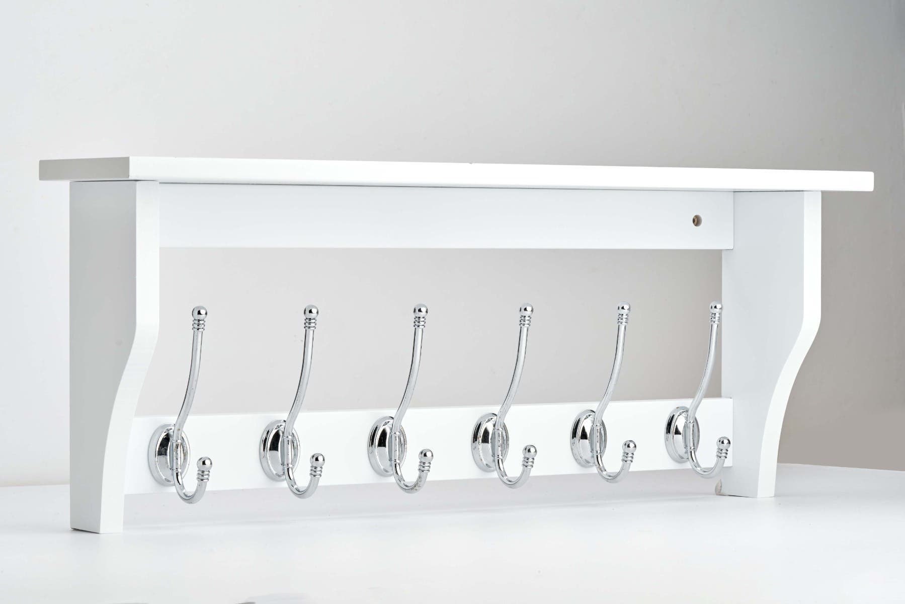 White Shelving Unit with 6 Chrome Clothing Hooks - Wall Mounted - Decorails