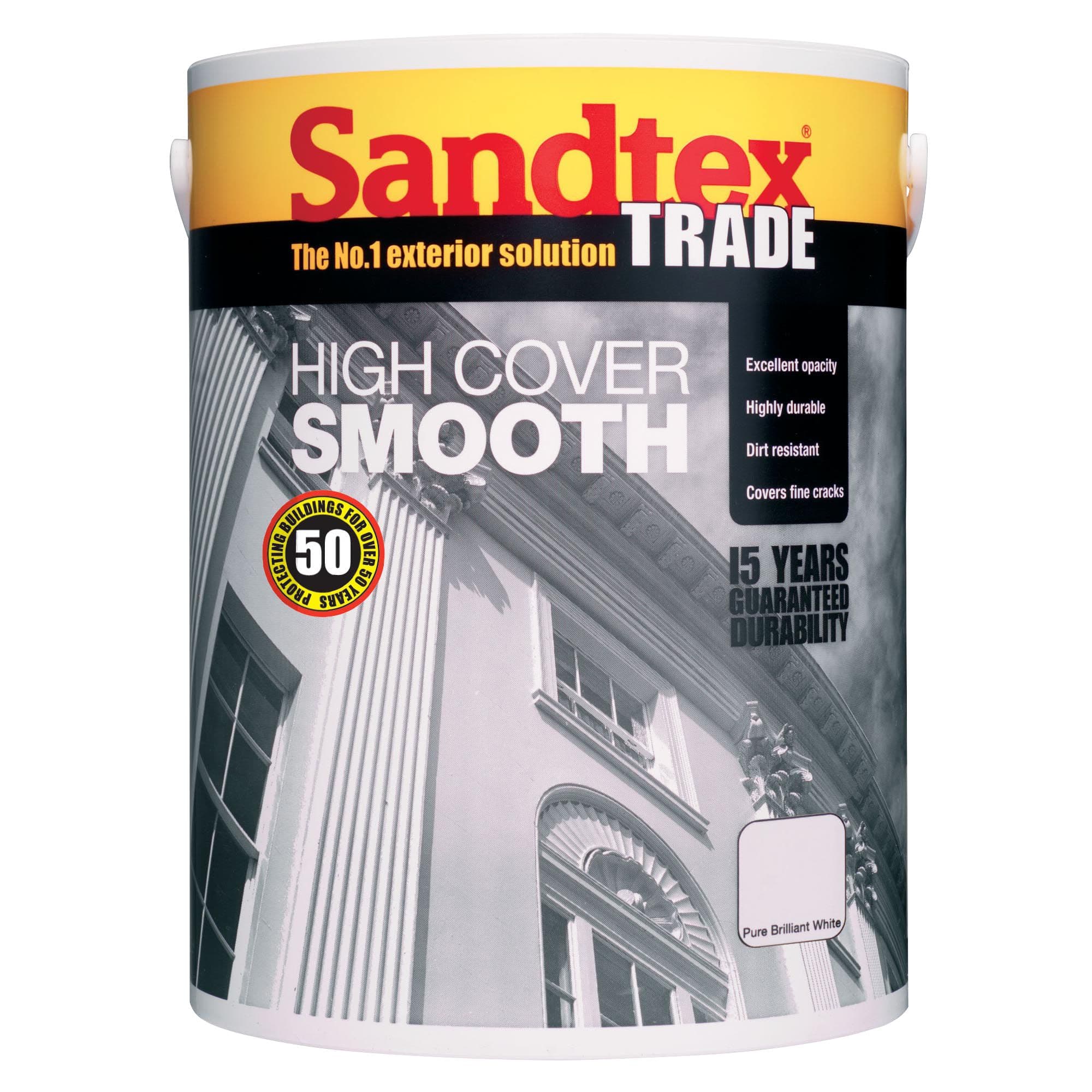Sandtex Brilliant White Durable Trade High Cover Smooth Masonry Paint, 5L
