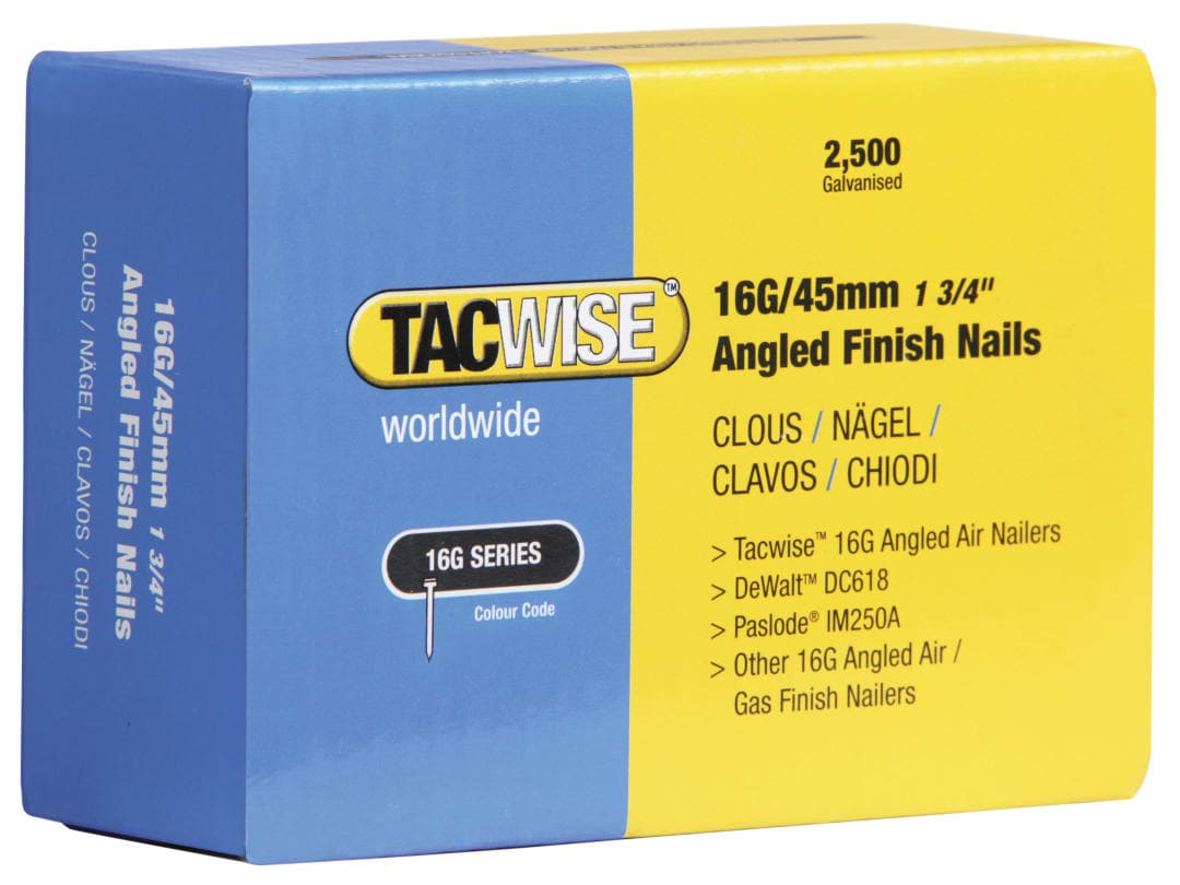 Tacwise 16G Angled Finish Nails 45mm for DC618K (Pack 2500) 0771
