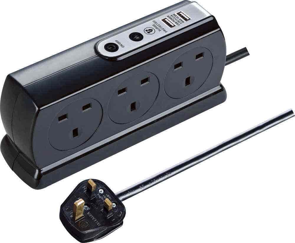 Six Socket Switched Extension Lead - Surge Protection - USB Charging - Black High Gloss