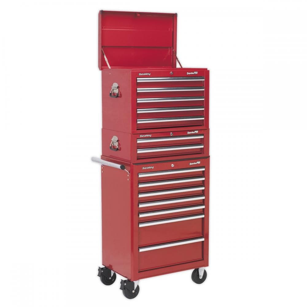 Sealey APSTACKTR Topchest Mid-Box & Rollcab Combination 14 Drawer With Ball-Bearing Slides - Red