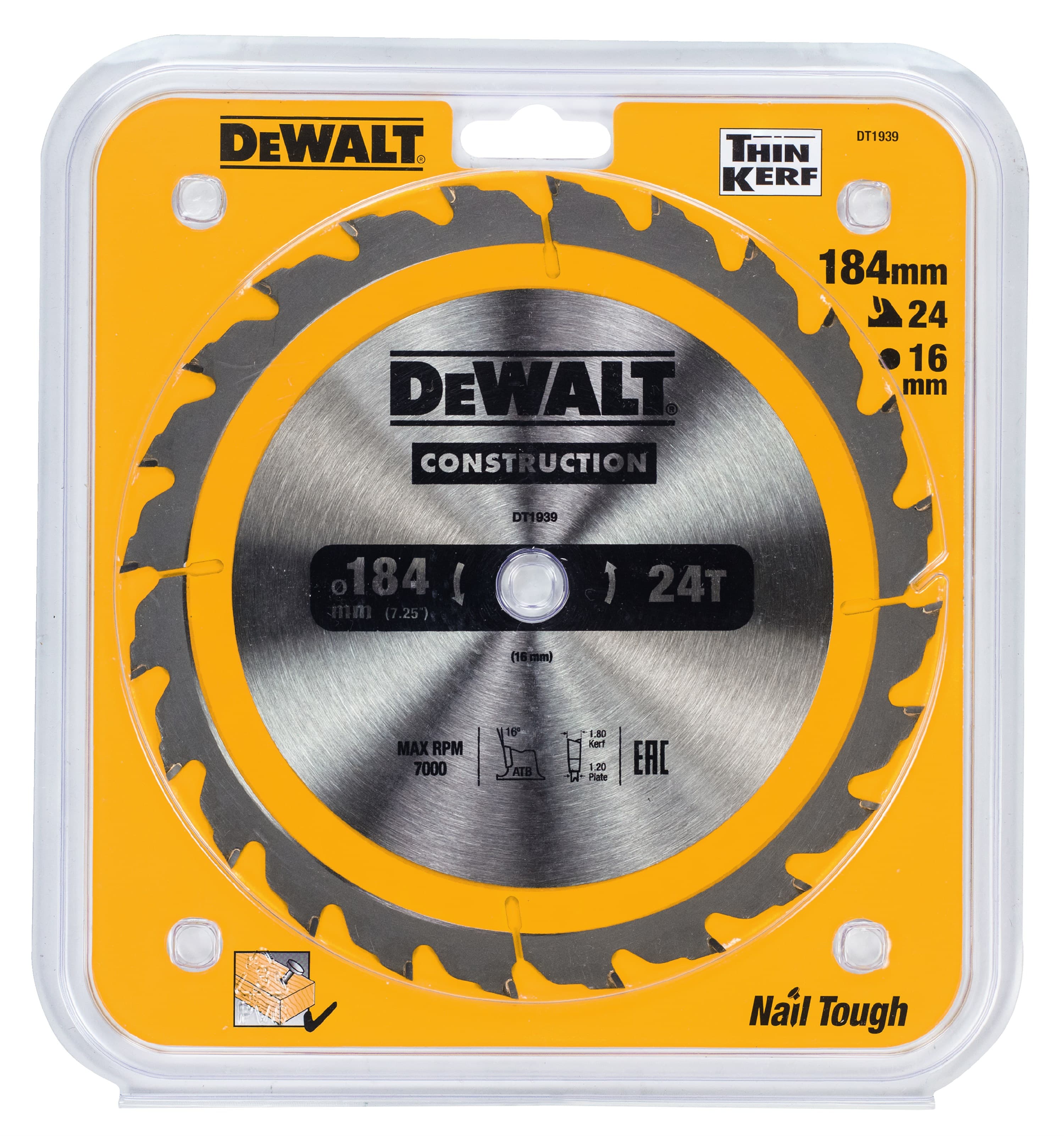 DeWalt Construction Circular Saw Blade, 184mm Diameter with A 16mm Bore and 18 Tct Teeth.
