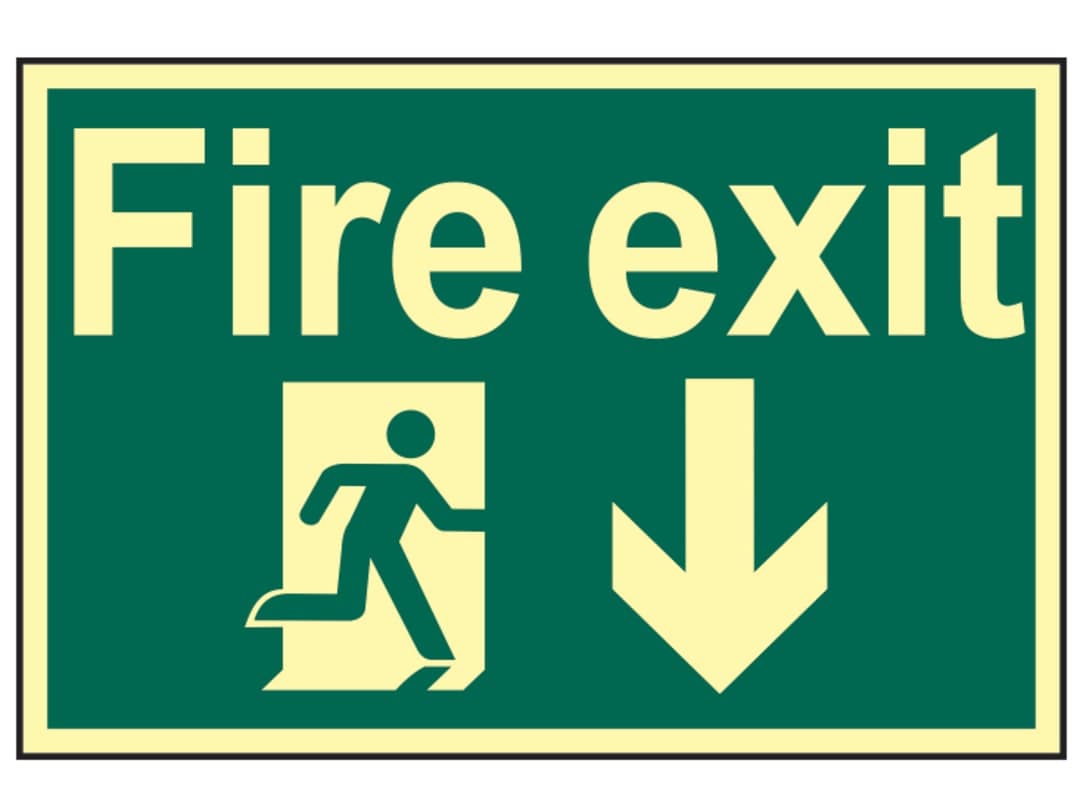 Scan Fire Exit Running Man Arrow Down - Photoluminescent 300 x 200mm 1580
