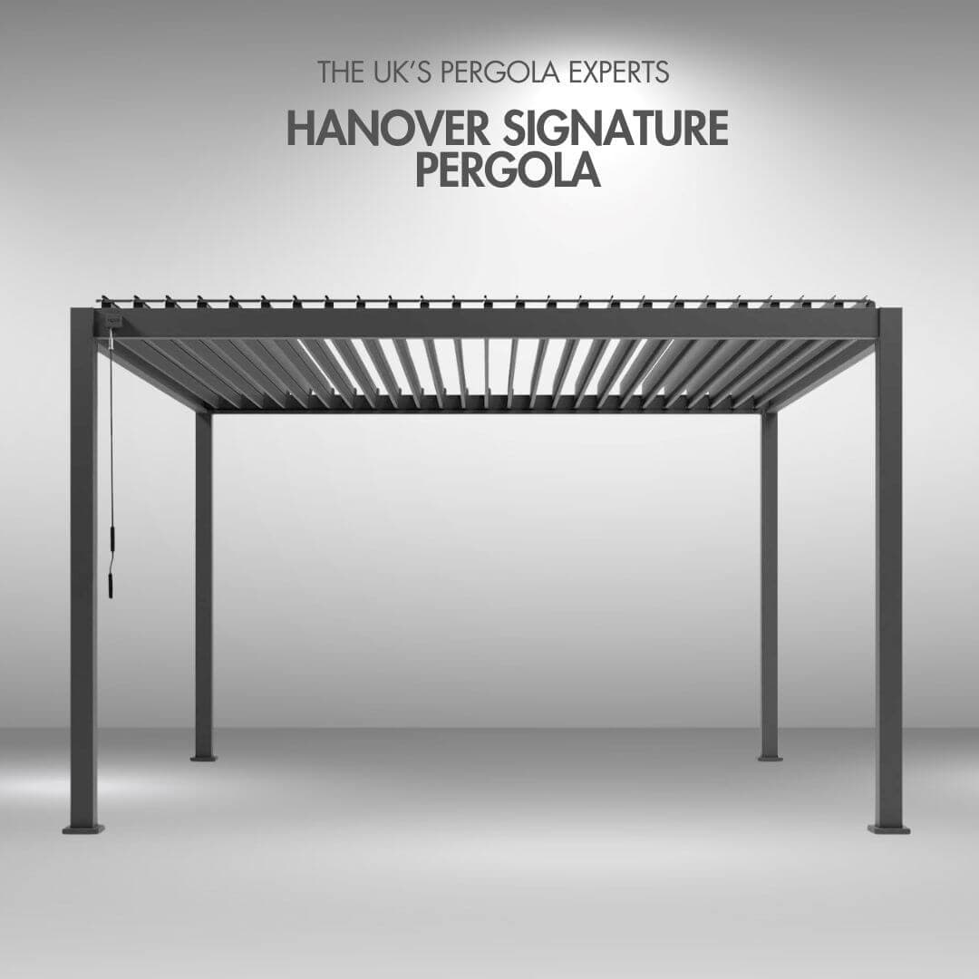 Hanover Signature 4M x 3M Bioclimatic Aluminium Pergola in Anthracite Grey – Manual Louvred Roof, Inbuilt Water Drainage System & 15-Year Warranty