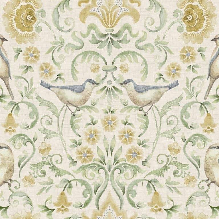 Floral Bird Damask Yellow Green Wallpaper - 1005 x 53cm