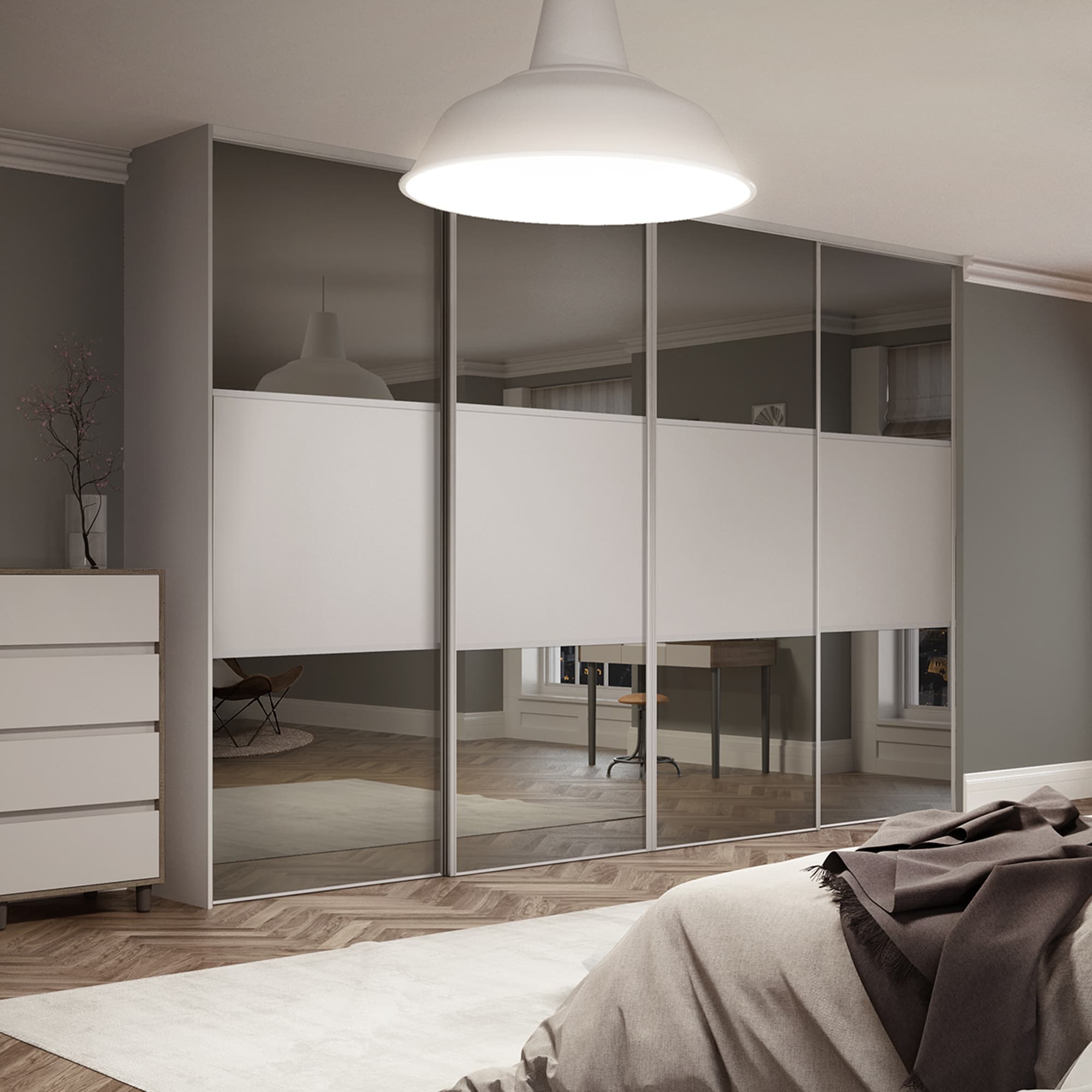 Spacepro Beige MFC and Glass Classic Frame Mirror Panel Sliding Doors, Size: 3586x2260mm