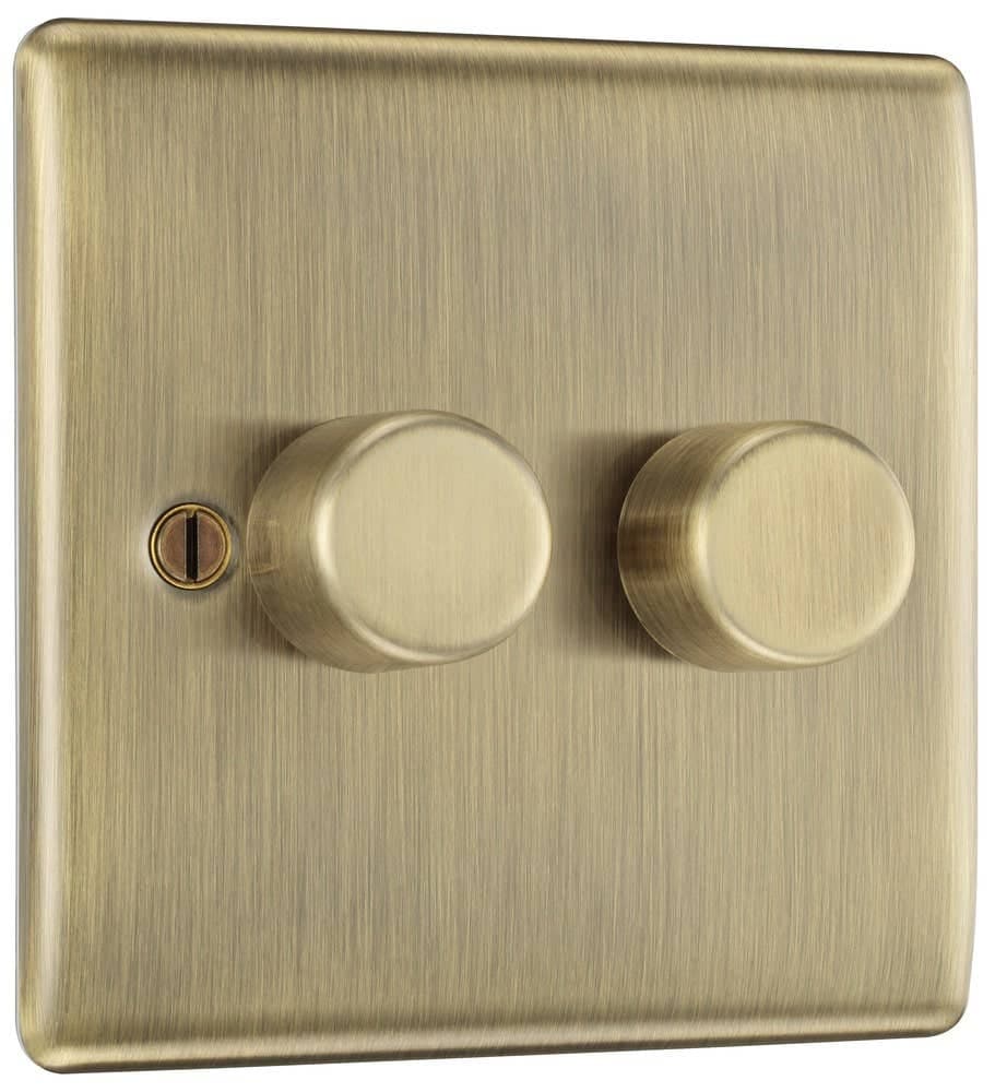 Double Dimmer Switch - 2 Gang/2 Way - 200W - Push On/Off - LED/CFL - Antique Brass