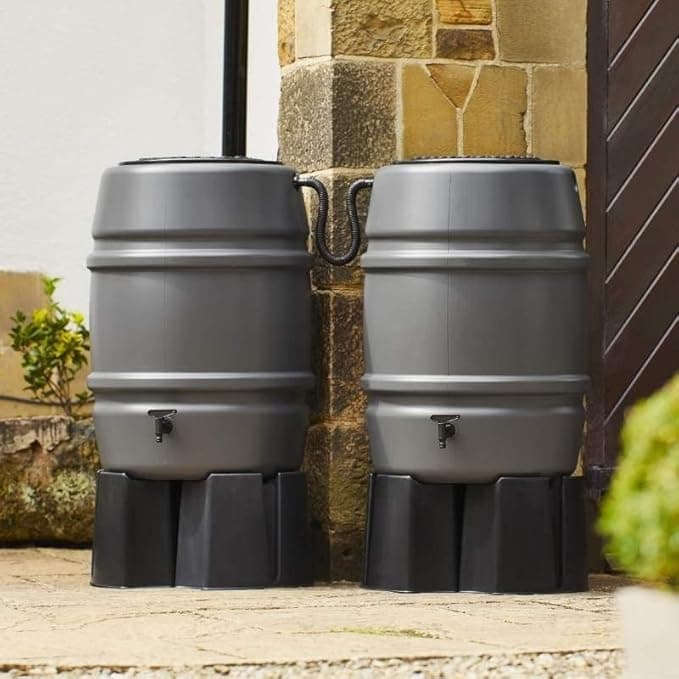 Medium Harcostar 168L Water Butt Double Kit – Stand, Diverter & Hose Tap – Grey, UK Manufactured Recycled Plastic Grey Water Butts Direct