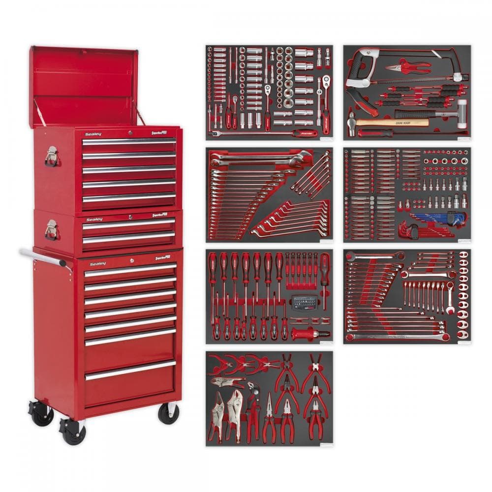 Sealey TBTPCOMBO1 Tool Chest Combination 14 Drawer With Ball-Bearing Slides - Red & 446Pc Tool Kit
