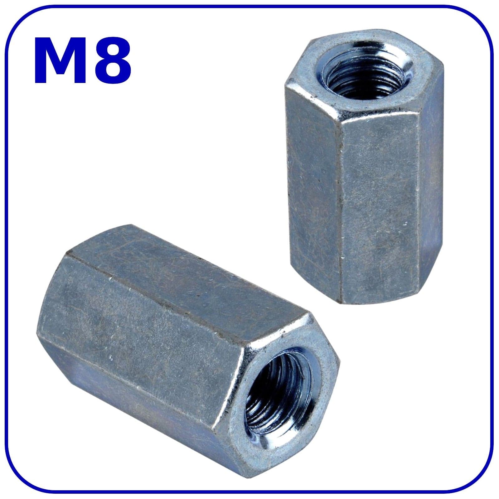 M8 Long Coupling Nuts Hex Threaded Rod Stud Connector Zinc Plated DIN 6334