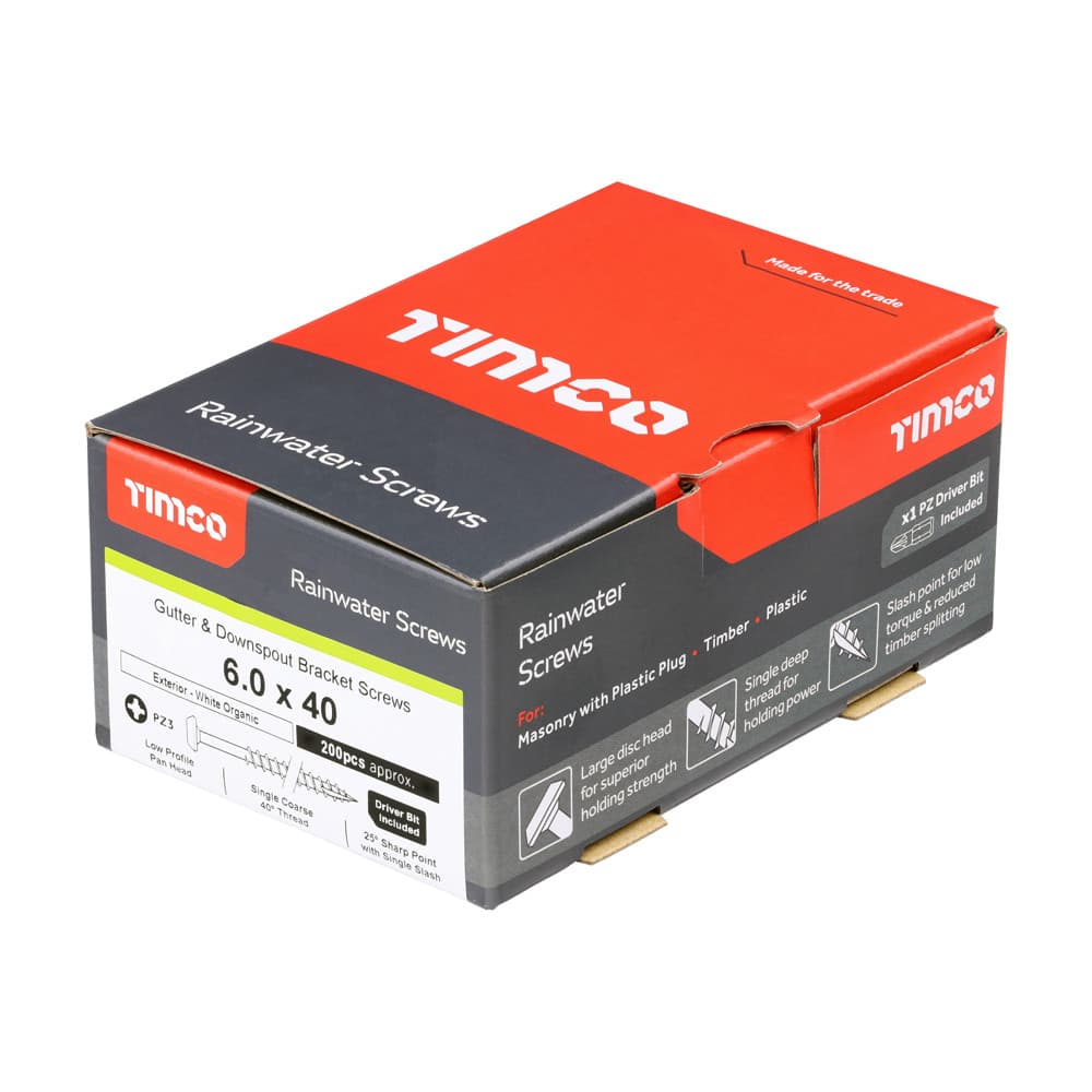 Timco Rainwater Screws - Pz - Low Profile Pan - Exterior - White Box 200 60040CLARWBX