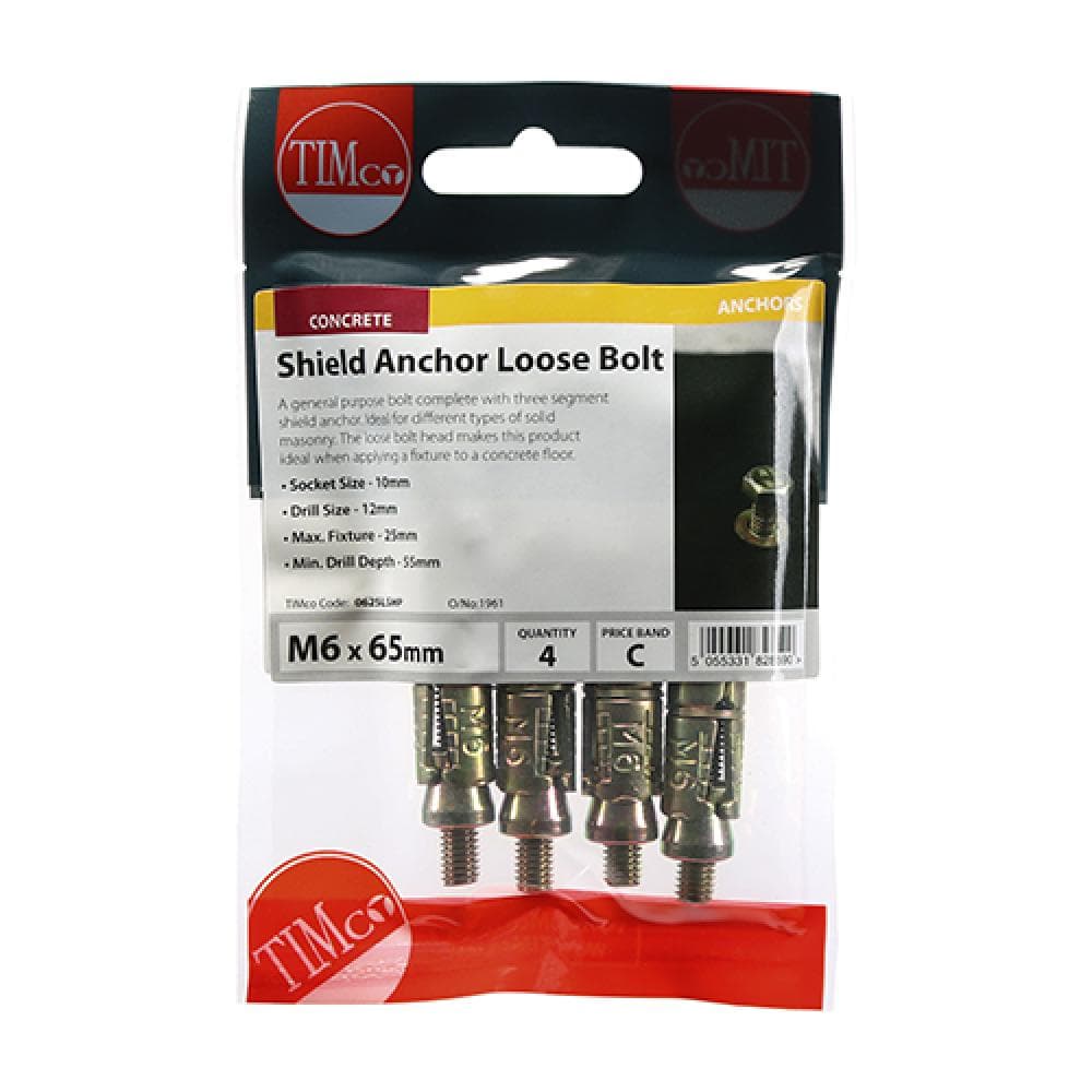 Timco 0625LSHP Shield Anchor Loose Bolts - Yellow M6:25L (M6 X 65) TIMpac 4